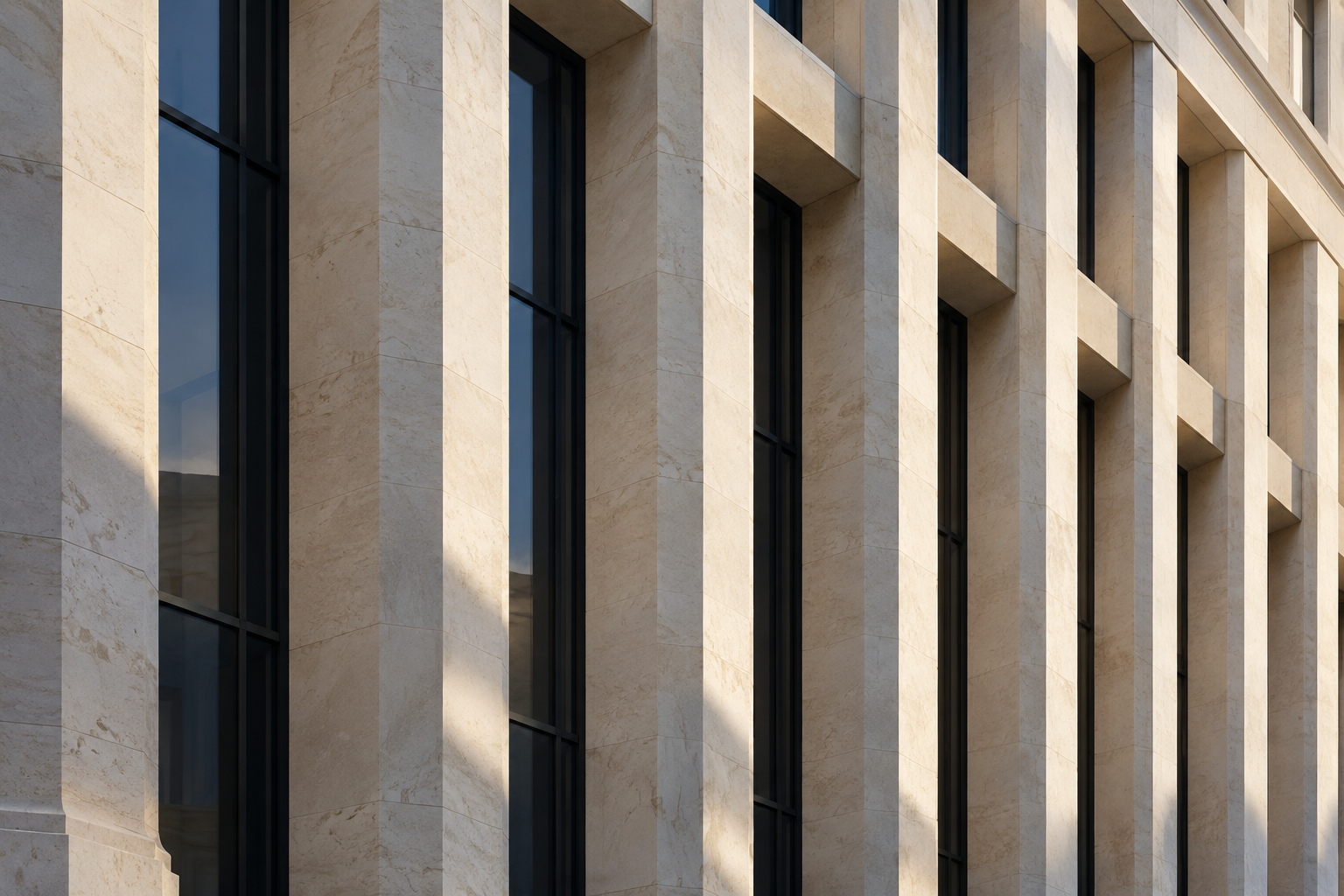 Sunlight across a series of limestone architectural columns